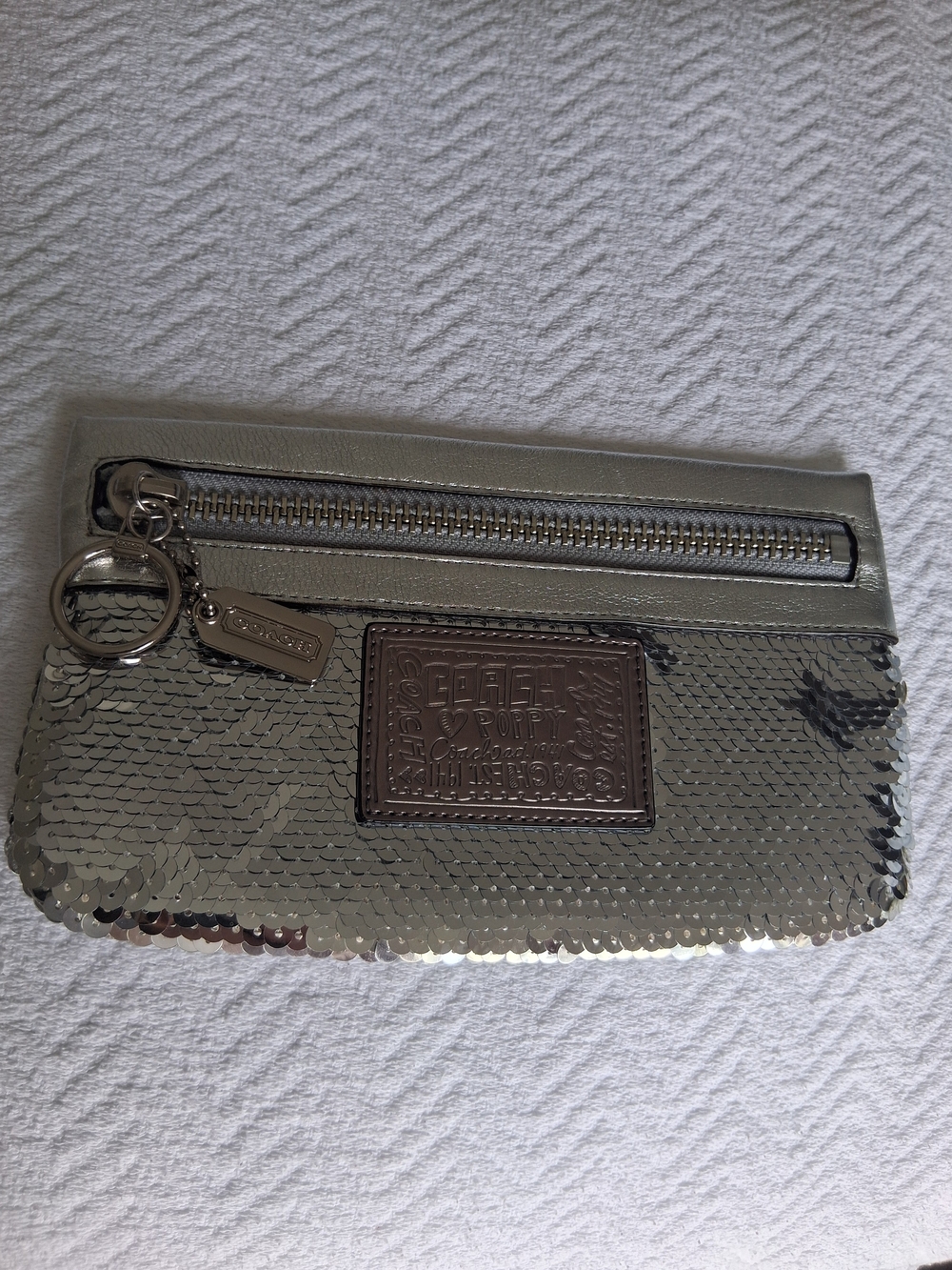 Coach Poppy Silver Sequin Wristlet Clutch